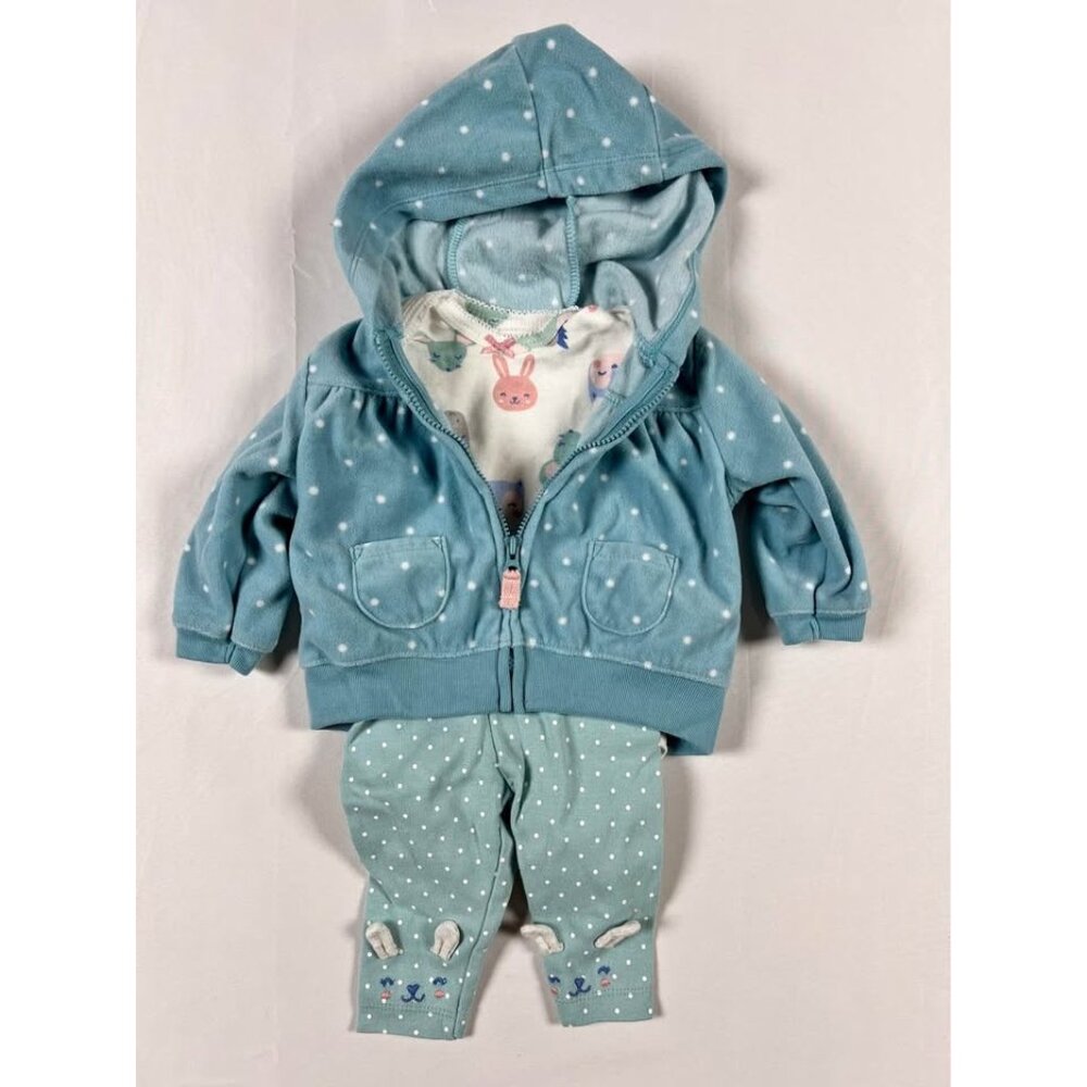 Carter's Polka Dot Easter Outfit - 3 PCS Teal Hoodie, Bunny Shirt & leggings 3M